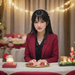 Anime character Yumeko Jabami sitting at a lavishly decorated party table with lights twinkling in the background.