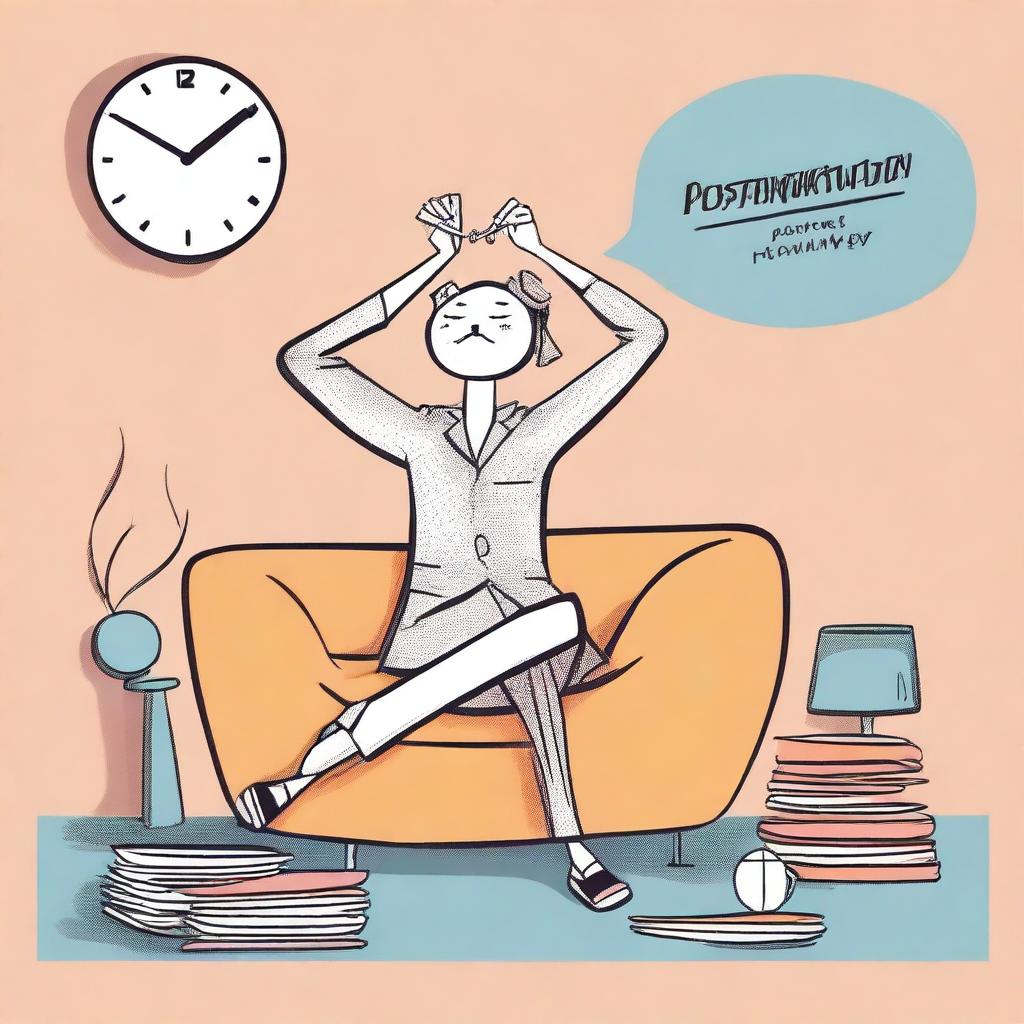 A humorous and stylish illustration depicting the concept of procrastination