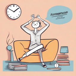 A humorous and stylish illustration depicting the concept of procrastination