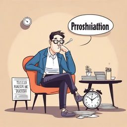 A humorous and stylish illustration depicting the concept of procrastination