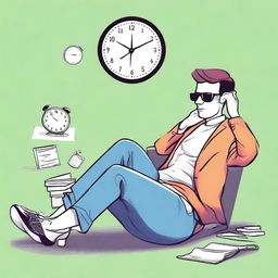 A humorous and stylish illustration depicting the concept of procrastination