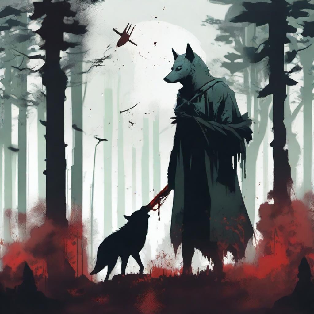 A Jade colored dystopian image featuring an angry grey wolf with blood dripping from its mouth, a silhouette of a grim reaper holding a scythe, and splattered blood