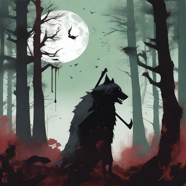 A Jade colored dystopian image featuring an angry grey wolf with blood dripping from its mouth, a silhouette of a grim reaper holding a scythe, and splattered blood