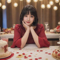 Anime character Yumeko Jabami sitting at a lavishly decorated party table with lights twinkling in the background.