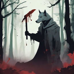 A Jade colored dystopian image featuring an angry grey wolf with blood dripping from its mouth, a silhouette of a grim reaper holding a scythe, and splattered blood