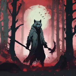 A Jade colored dystopian image featuring an angry grey wolf with blood dripping from its mouth, a silhouette of a grim reaper holding a scythe, and splattered blood