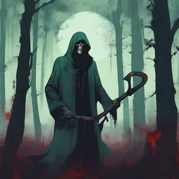 A Jade colored horror dystopian image featuring a grim reaper holding a scythe and splattered blood