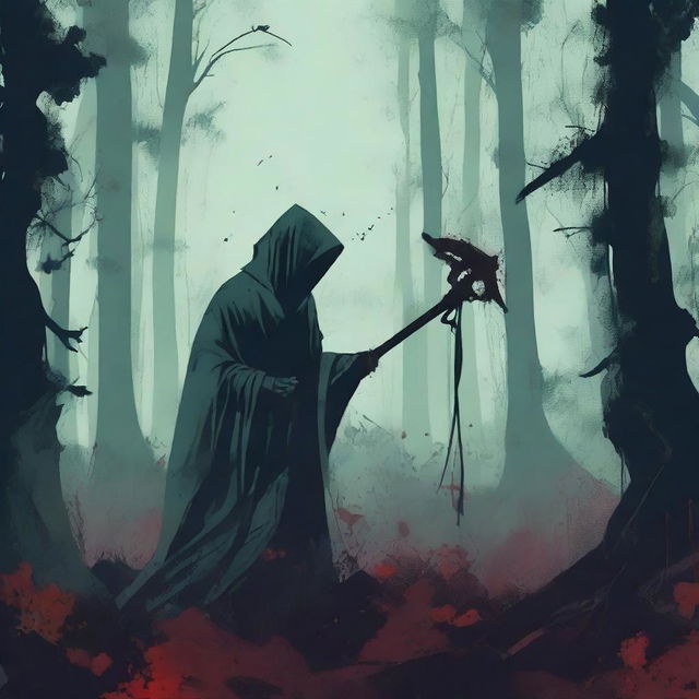 A Jade colored horror dystopian image featuring a grim reaper holding a scythe and splattered blood