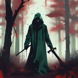 A Jade colored horror dystopian image featuring a grim reaper holding a scythe and splattered blood