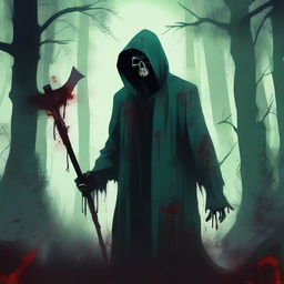 A Jade colored horror dystopian image featuring a grim reaper holding a scythe and splattered blood