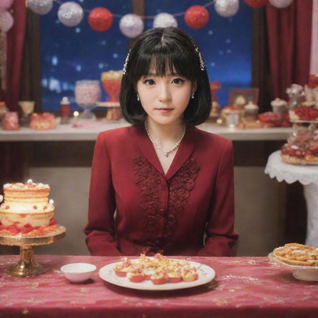 Anime character Yumeko Jabami sitting at a lavishly decorated party table with lights twinkling in the background.