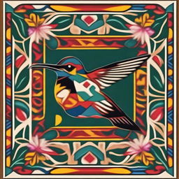 Create a square image inspired by Ayacucho textiles from Peru, featuring a hummingbird