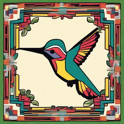 Create a square image inspired by Ayacucho textiles from Peru, featuring a hummingbird