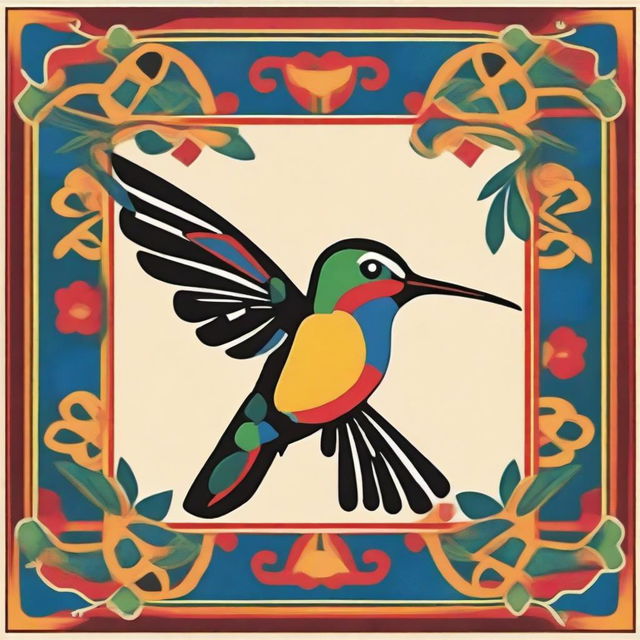 Create a square image inspired by Ayacucho textiles from Peru, featuring a hummingbird