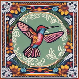 Create a square image inspired by Ayacucho textiles from Peru, featuring a hummingbird