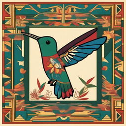 Create a square image inspired by Inca textiles from Peru, featuring a hummingbird