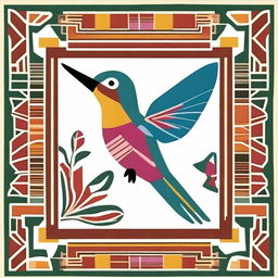 Create a square image inspired by Inca textiles from Peru, featuring a hummingbird