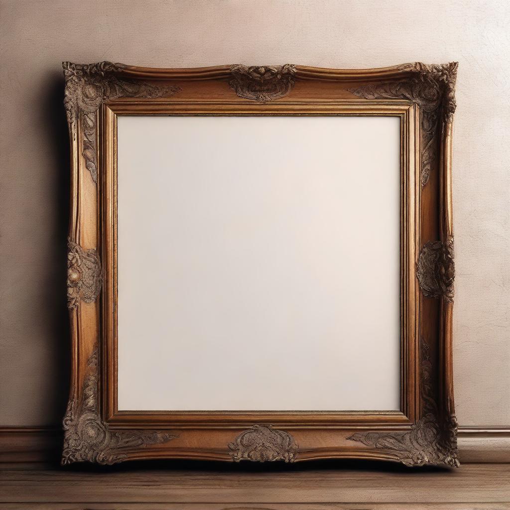 A high-quality vintage art frame mockup, featuring an ornate, antique wooden frame with intricate carvings and a blank canvas in the center