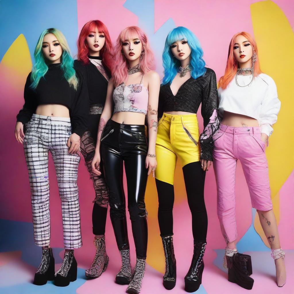 A group of trendy e-girls with unique and edgy fashion styles, posing confidently