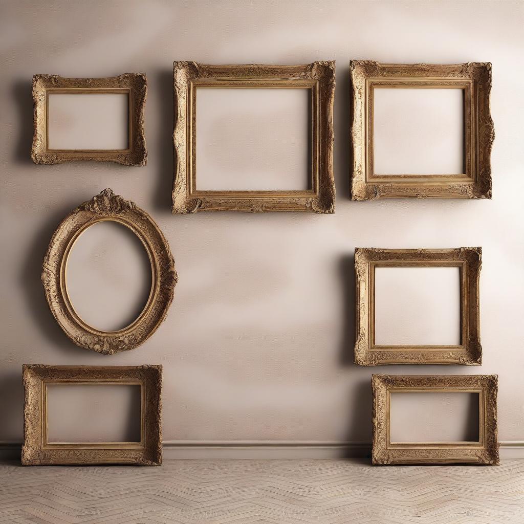 A high-quality vintage art frame mockup in multiple sizes, featuring ornate, antique wooden frames with intricate carvings