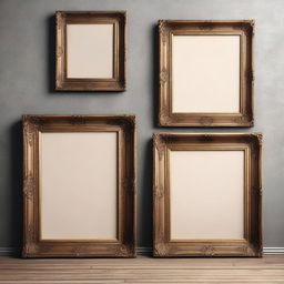 A high-quality vintage art frame mockup in multiple sizes, featuring ornate, antique wooden frames with intricate carvings