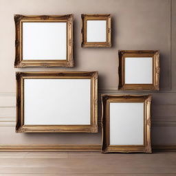 A high-quality vintage art frame mockup in multiple sizes, featuring ornate, antique wooden frames with intricate carvings