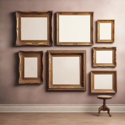 A high-quality vintage art frame mockup in multiple sizes, featuring ornate, antique wooden frames with intricate carvings