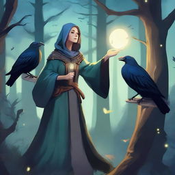 A female turtle cleric practising magic in a nighttime forest with ravens flying about