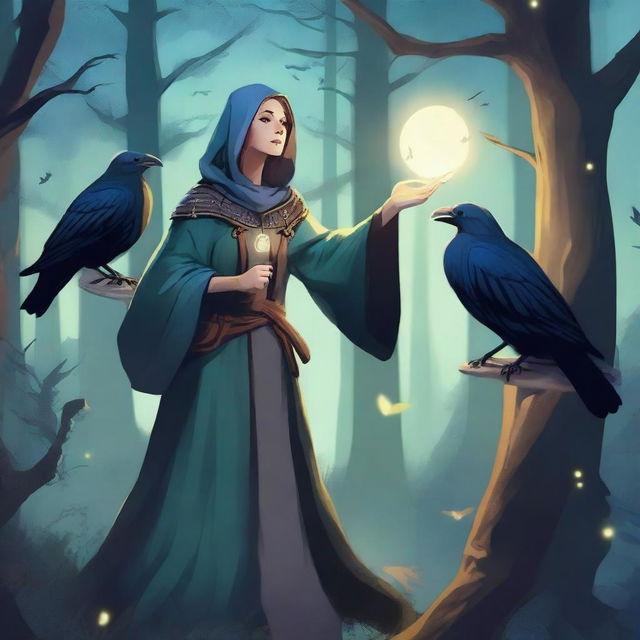 A female turtle cleric practising magic in a nighttime forest with ravens flying about