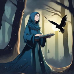 A female turtle cleric practising magic in a nighttime forest with ravens flying about