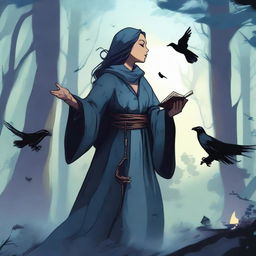 A female turtle cleric practising magic in a nighttime forest with ravens flying about