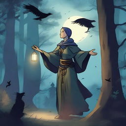 A female turtle cleric practising magic in a nighttime forest with ravens flying about