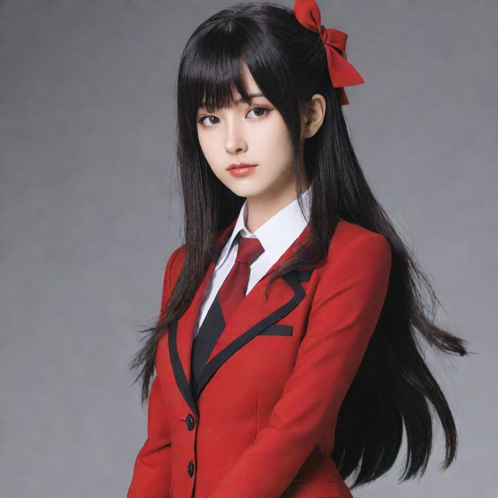 Anime character Yumeko Jabami from 'Kakegurui', elegantly portrayed with her signature uniform and dark, flowing hair.