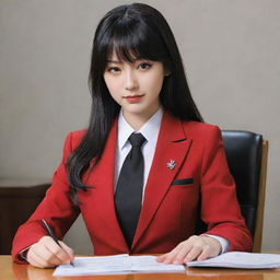 Anime character Yumeko Jabami from 'Kakegurui', elegantly portrayed with her signature uniform and dark, flowing hair.