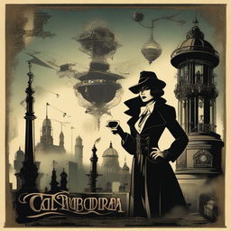 A film noir style poster infused with steampunk elements for the movie 'Magic Calandria