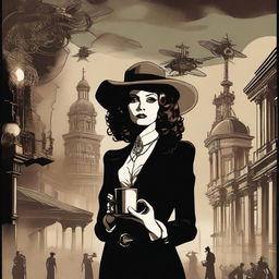 A film noir style poster infused with steampunk elements for the movie 'Magic Calandria