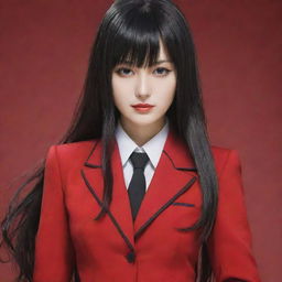 Anime character Yumeko Jabami from 'Kakegurui', elegantly portrayed with her signature uniform and dark, flowing hair.