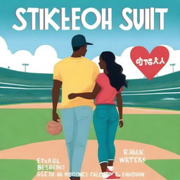 Create a book cover titled 'Strikeout in Love' featuring a couple on a baseball diamond