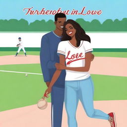 Create a book cover titled 'Strikeout in Love' featuring a couple on a baseball diamond