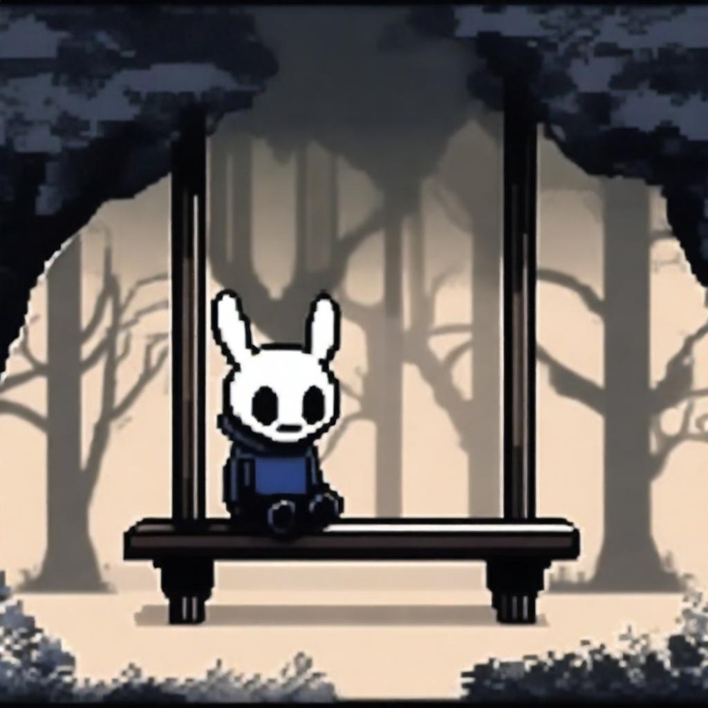 Create a pixel graphics profile picture featuring a character from Hollow Knight sitting on a bench