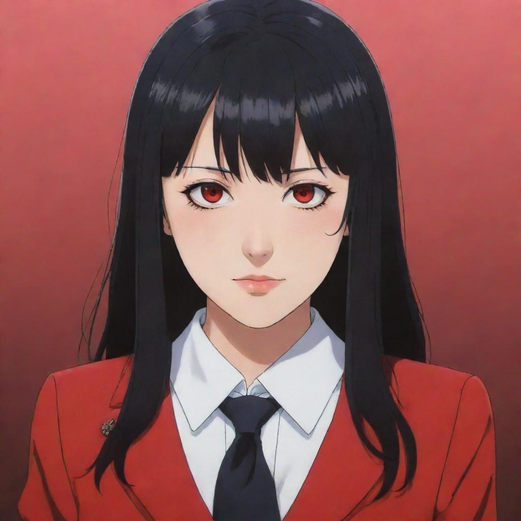 Yumeko Jabami from the anime 'Kakegurui', detailed depiction with her characteristic red eyes and black hair.