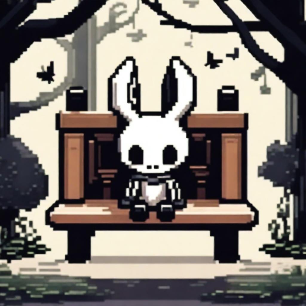 Create a pixel graphics profile picture featuring a character from Hollow Knight sitting on a bench