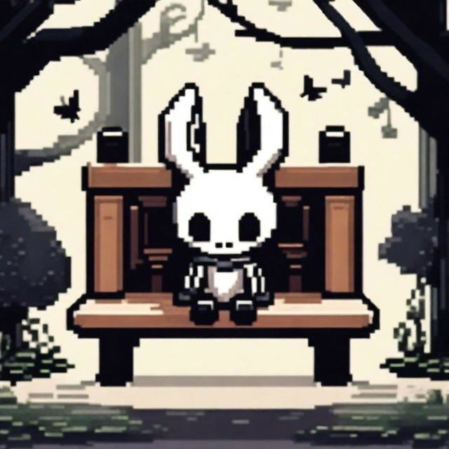 Create a pixel graphics profile picture featuring a character from Hollow Knight sitting on a bench