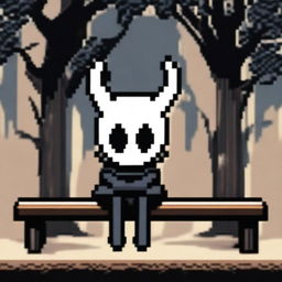 Create a pixel graphics profile picture featuring a character from Hollow Knight sitting on a bench