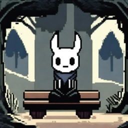 Create a pixel graphics profile picture featuring a character from Hollow Knight sitting on a bench