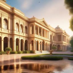 A majestic palace with grand architecture, intricate details, and lush gardens