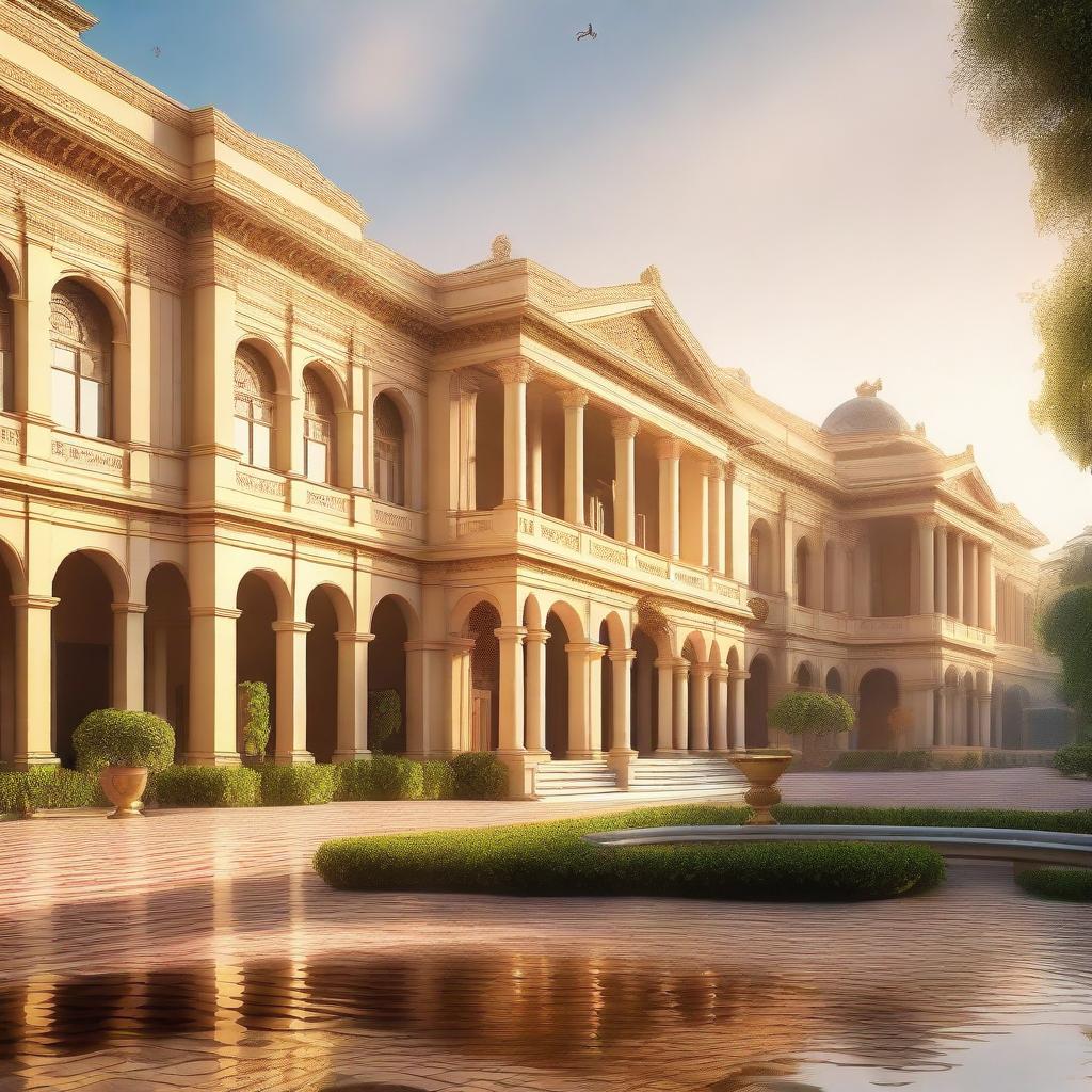 A majestic palace with grand architecture, intricate details, and lush gardens