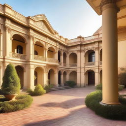 A majestic palace with grand architecture, intricate details, and lush gardens