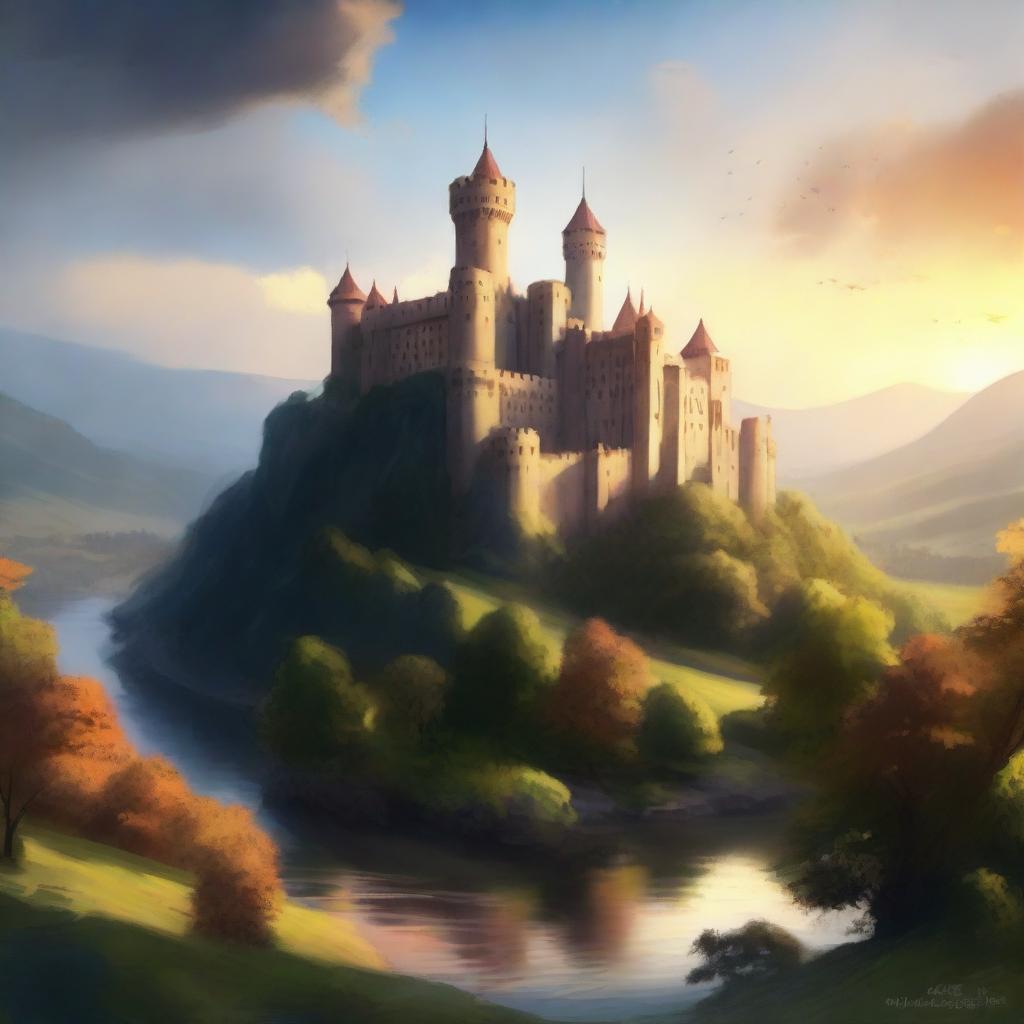 A distant royal castle perched on a hill, surrounded by lush forests and a winding river