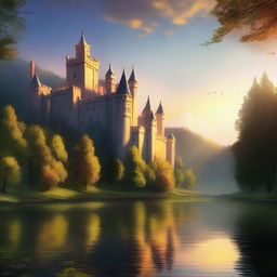 A distant royal castle perched on a hill, surrounded by lush forests and a winding river